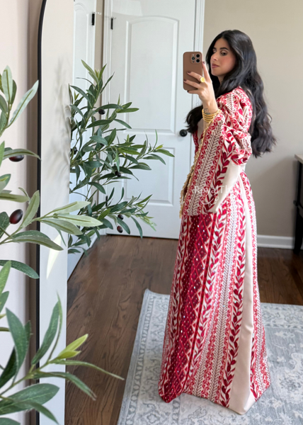 Beige/ Burgundy Zaytona Branches Full Embroidered Thobe