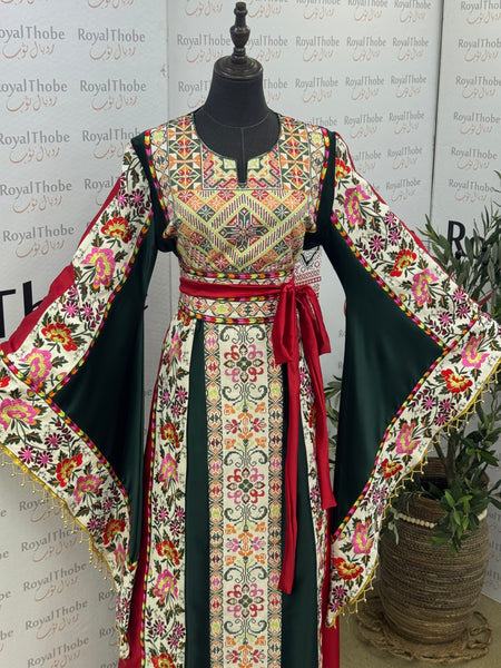Olive Green & Cream Beige Satin Floral Full Embroidered Thobe with Gold Beaded Fringe Sleeves