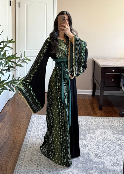Black/ Olive Green Zaytona Branches Full Embroidered Thobe