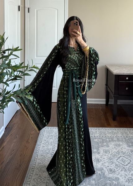 Black/ Olive Green Zaytona Branches Full Embroidered Thobe