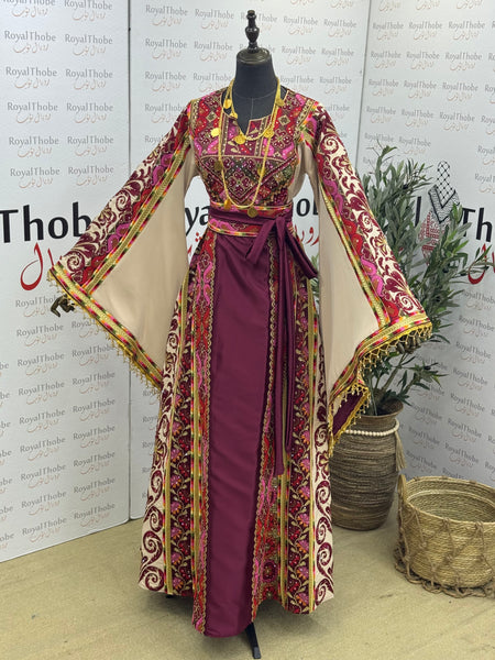 Burgundy & Beige Satin Full Embroidered Thobe with Gold Beaded Fringe Sleeves