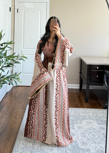 Beige/ Brown Zaytona Branches Full Embroidered Thobe