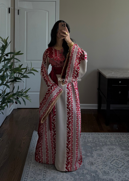 Beige/ Burgundy Zaytona Branches Full Embroidered Thobe