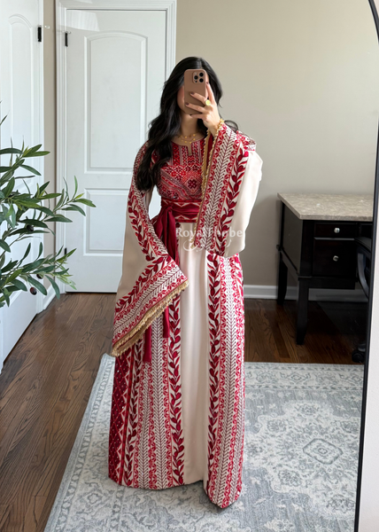 Beige/ Burgundy Zaytona Branches Full Embroidered Thobe