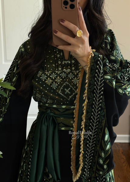 Black/ Olive Green Zaytona Branches Full Embroidered Thobe