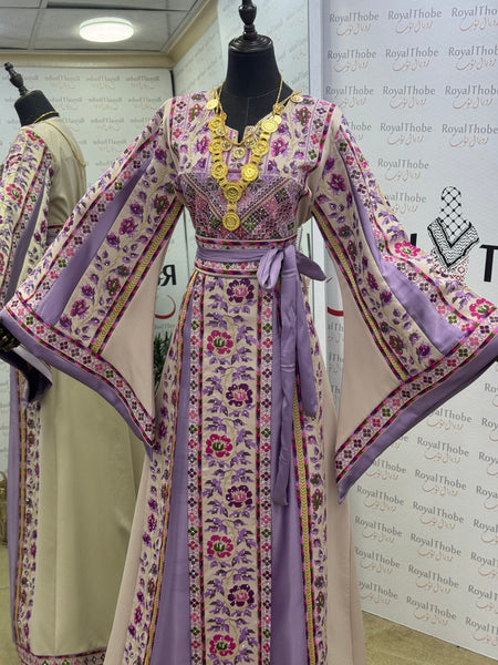 Beige / Lavender Floral Long Full Embroidered Thobe