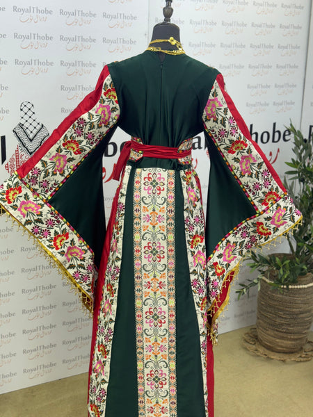 Olive Green & Cream Beige Satin Floral Full Embroidered Thobe with Gold Beaded Fringe Sleeves