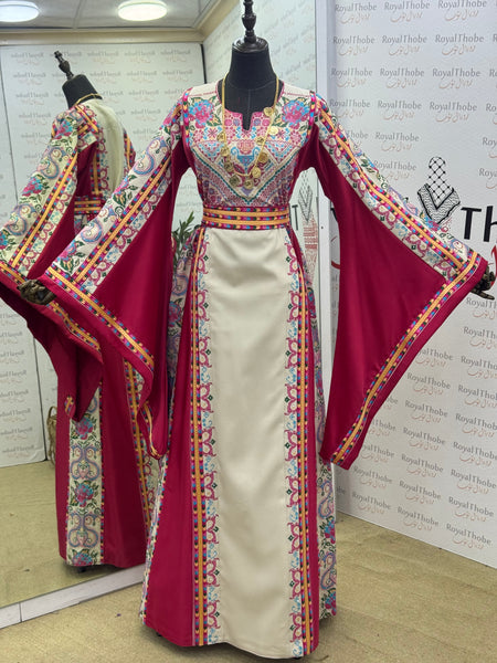 Pink & Cream Beige Satin  Floral Full Embroidered Thobe