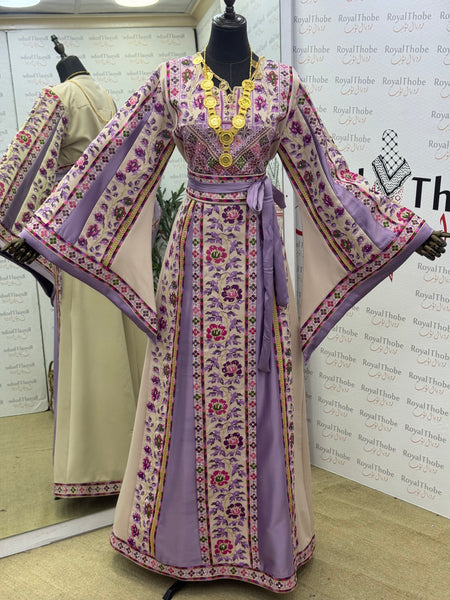 Beige / Lavender Floral Long Full Embroidered Thobe