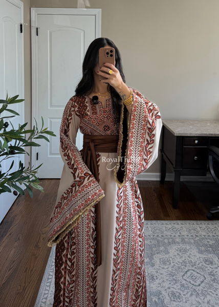 Beige/ Brown Zaytona Branches Full Embroidered Thobe