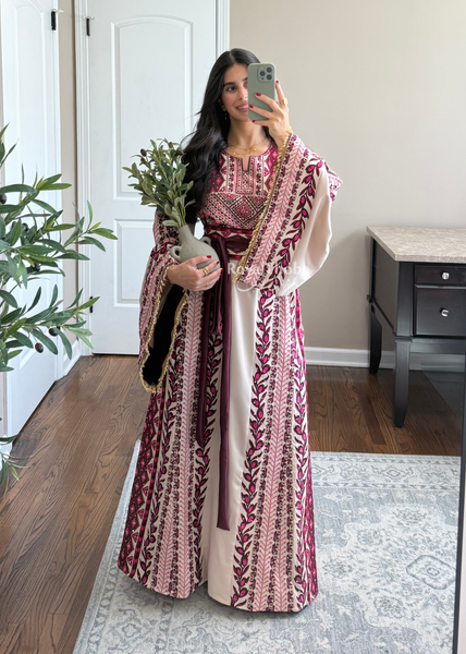 Beige/ Burgundy Zaytona Branches Full Embroidered Thobe