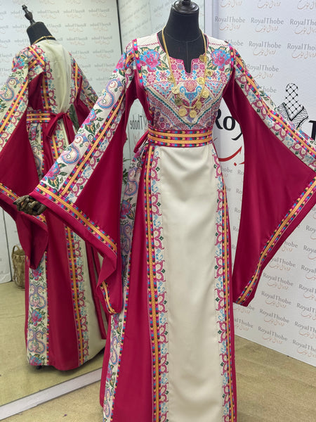 Pink & Cream Beige Satin  Floral Full Embroidered Thobe