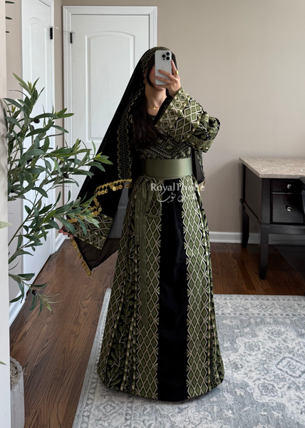 Black/Olive Green Zaytona Full Embroidered Thobe