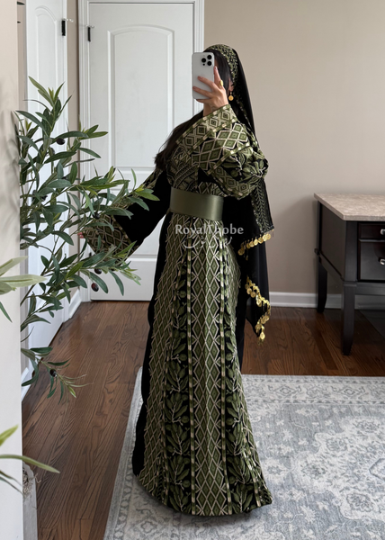 Black/Olive Green Zaytona Full Embroidered Thobe