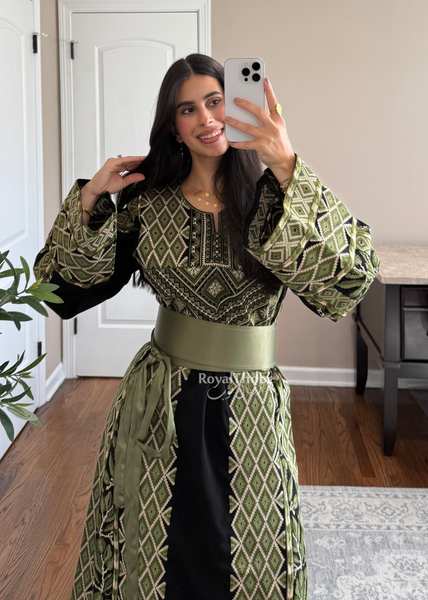 Black/Olive Green Zaytona Full Embroidered Thobe