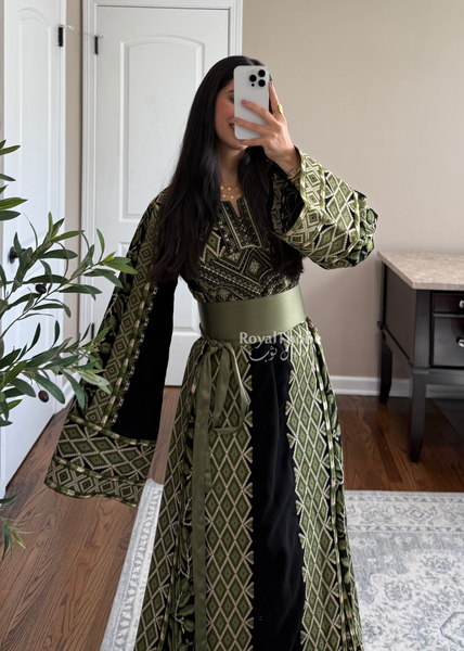 Black/Olive Green Zaytona Full Embroidered Thobe