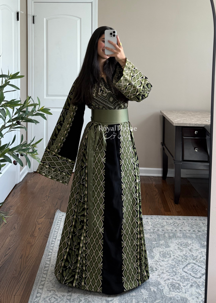 Black/Olive Green Zaytona Full Embroidered Thobe