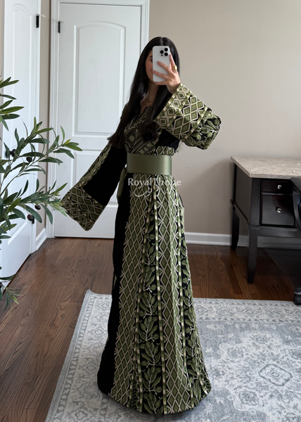 Black/Olive Green Zaytona Full Embroidered Thobe