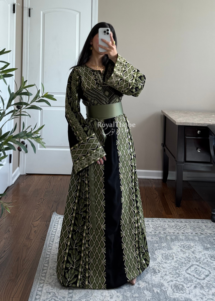 Black/Olive Green Zaytona Full Embroidered Thobe