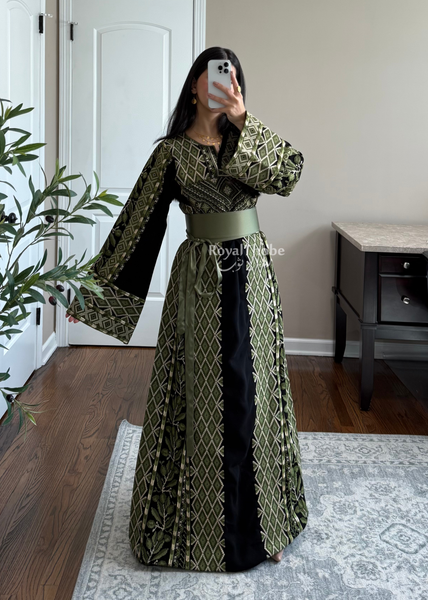Black/Olive Green Zaytona Full Embroidered Thobe
