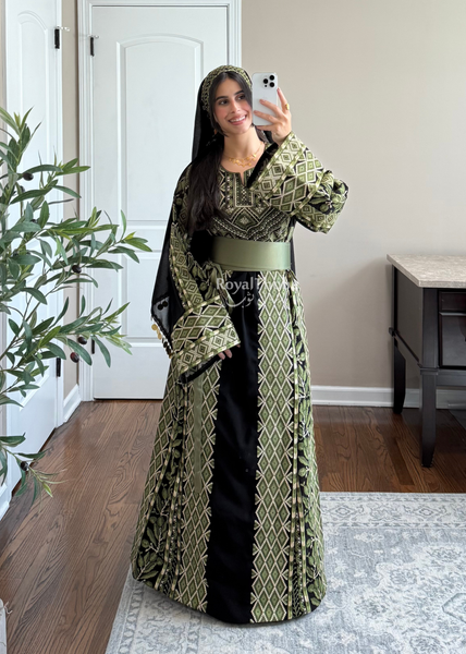 Black/Olive Green Zaytona Full Embroidered Thobe