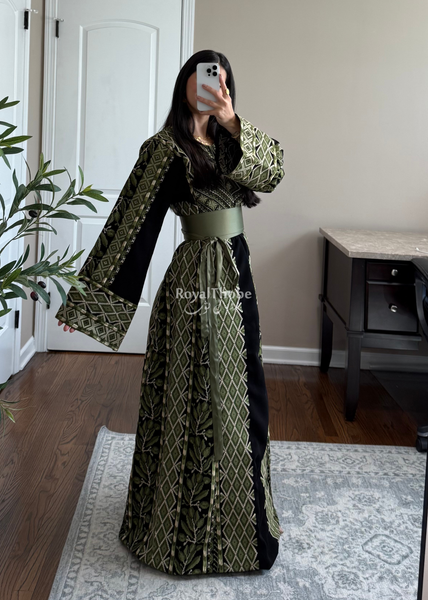 Black/Olive Green Zaytona Full Embroidered Thobe