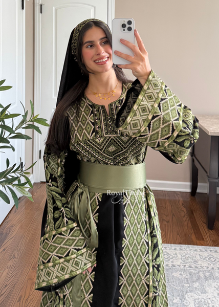 Black/Olive Green Zaytona Full Embroidered Thobe