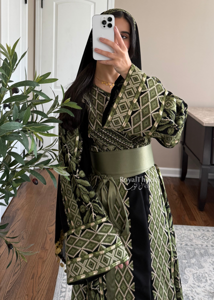 Black/Olive Green Zaytona Full Embroidered Thobe