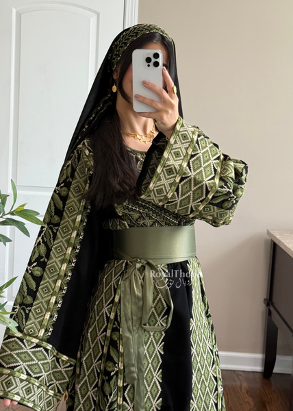 Black/Olive Green Zaytona Full Embroidered Thobe
