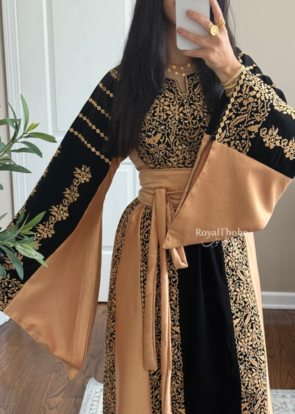 Black/ Gold Satin Simple Worood Long Full Embroidered Thobe