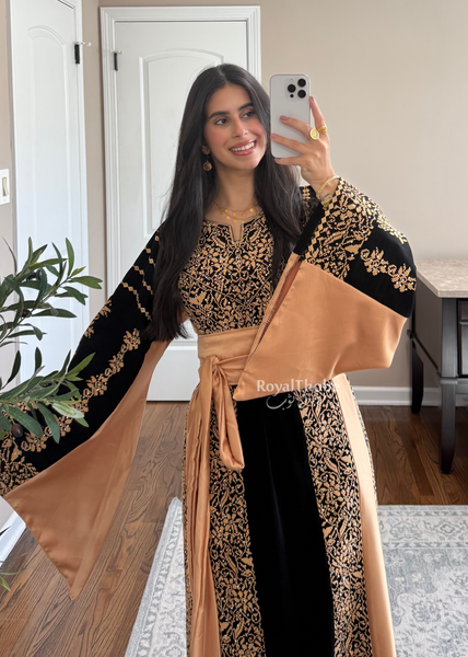 Black/ Gold Satin Simple Worood Long Full Embroidered Thobe