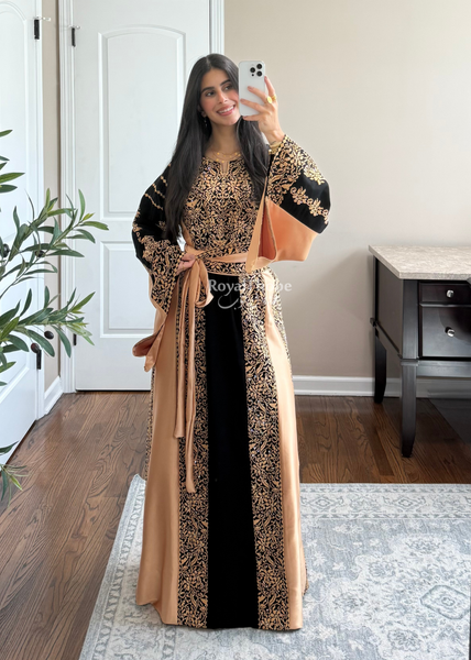 Black/ Gold Satin Simple Worood Long Full Embroidered Thobe