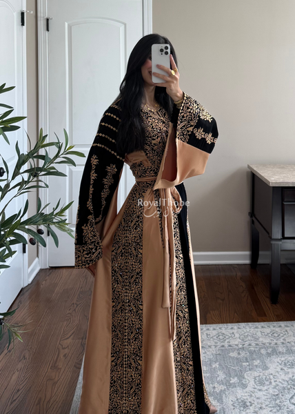 Black/ Gold Satin Simple Worood Long Full Embroidered Thobe