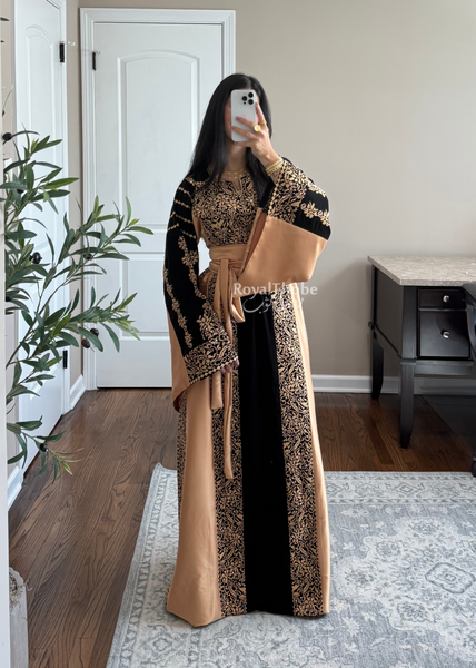 Black/ Gold Satin Simple Worood Long Full Embroidered Thobe