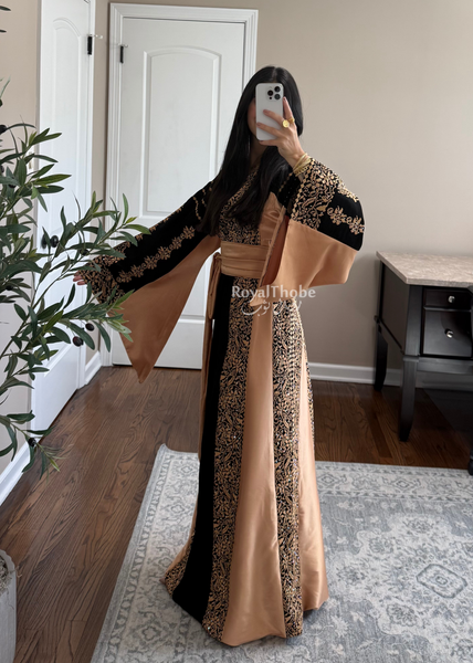 Black/ Gold Satin Simple Worood Long Full Embroidered Thobe