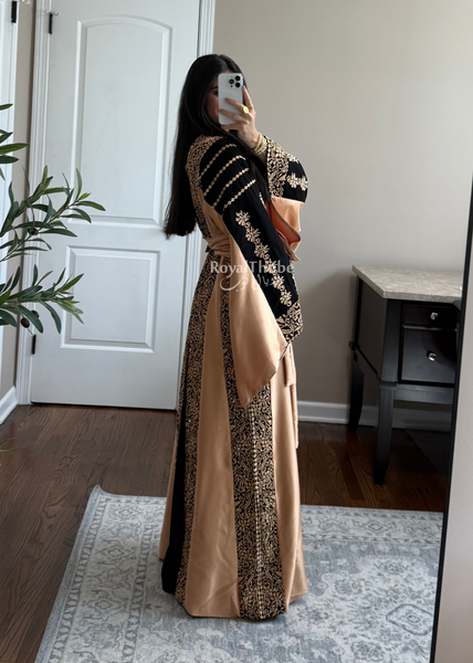 Black/ Gold Satin Simple Worood Long Full Embroidered Thobe