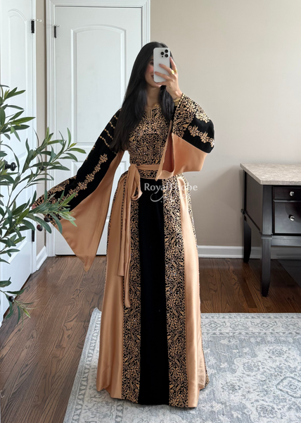 Black/ Gold Satin Simple Worood Long Full Embroidered Thobe