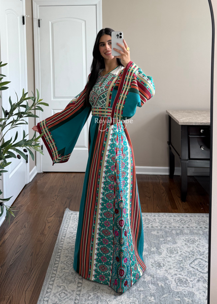 Turquoise Majdlawe Kasab Long Full Embroidered Thobe