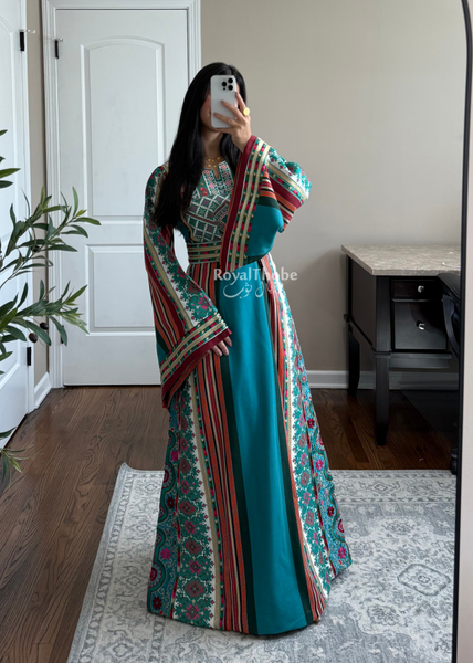 Turquoise Majdlawe Kasab Long Full Embroidered Thobe