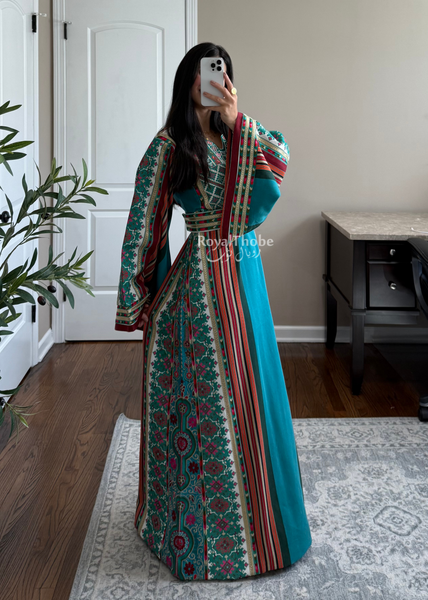 Turquoise Majdlawe Kasab Long Full Embroidered Thobe