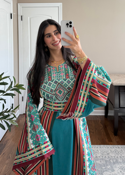 Turquoise Majdlawe Kasab Long Full Embroidered Thobe