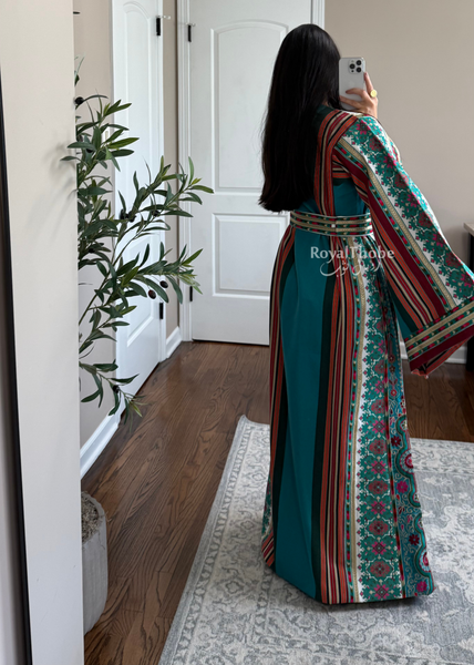Turquoise Majdlawe Kasab Long Full Embroidered Thobe