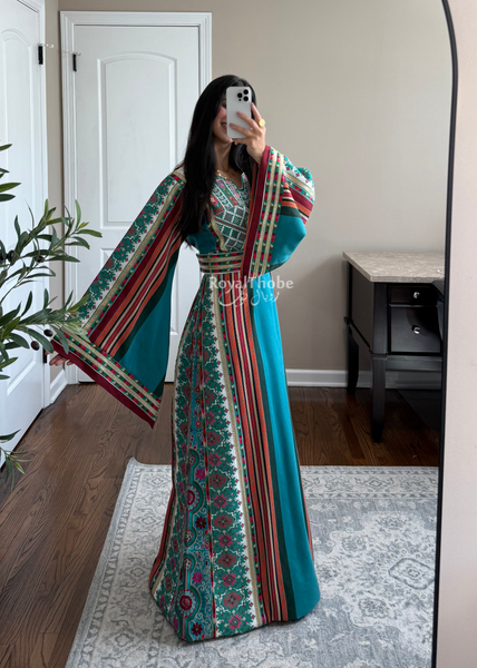 Turquoise Majdlawe Kasab Long Full Embroidered Thobe