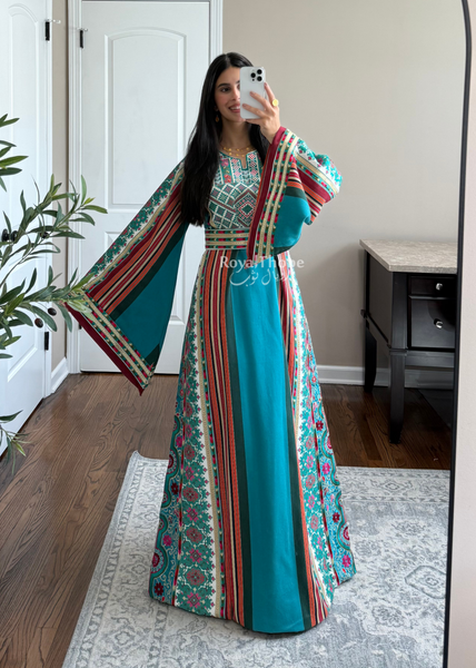 Turquoise Majdlawe Kasab Long Full Embroidered Thobe