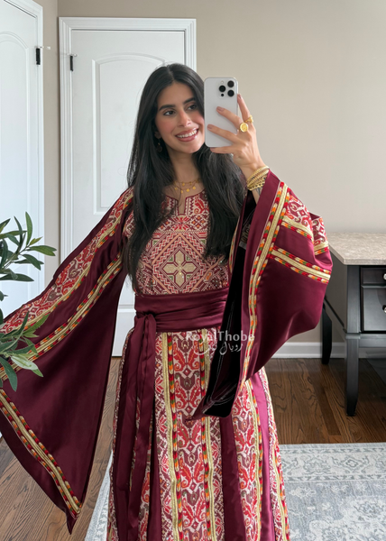 Burgundy Satin Kasab Full Embroidered Thobe