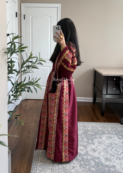 Burgundy Satin Kasab Full Embroidered Thobe