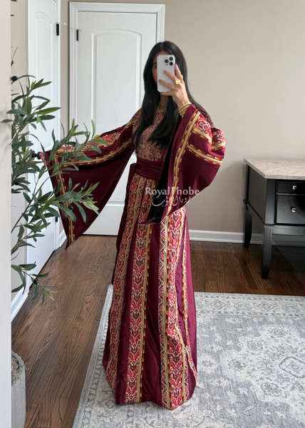 Burgundy Satin Kasab Full Embroidered Thobe