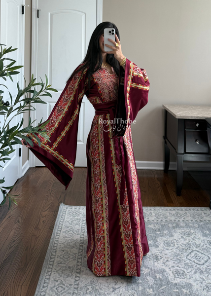 Burgundy Satin Kasab Full Embroidered Thobe