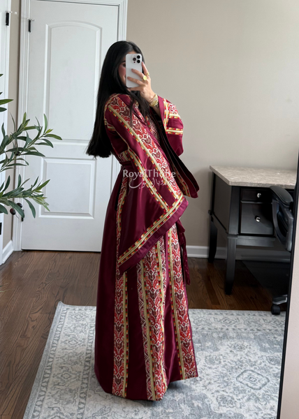 Burgundy Satin Kasab Full Embroidered Thobe