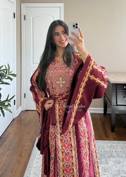 Burgundy Satin Kasab Full Embroidered Thobe
